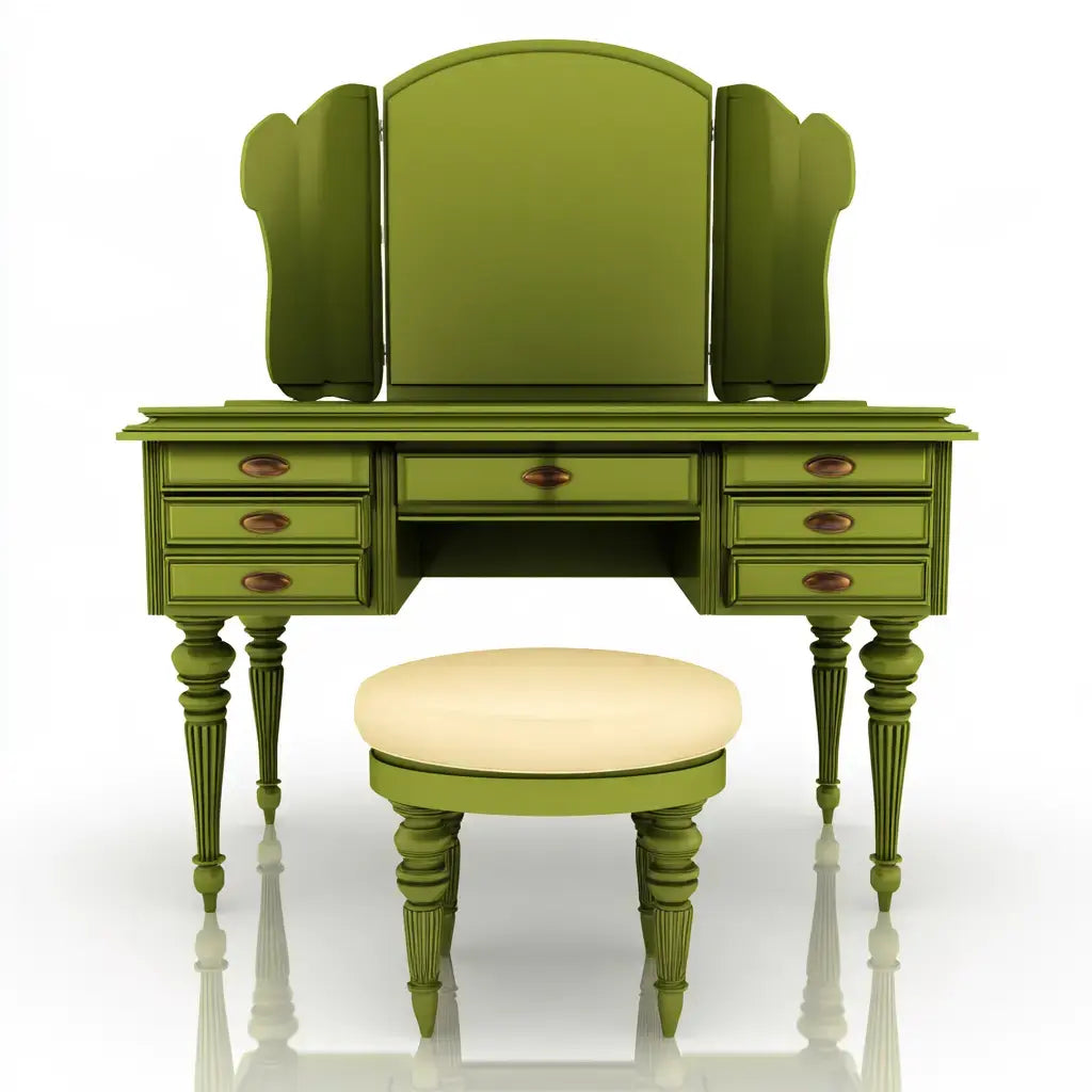 Tocador con espejo triple y patas torneadas - verde
