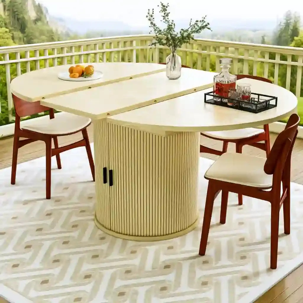 Mesa de comedor con tablero redondeado y pie central - amarillo