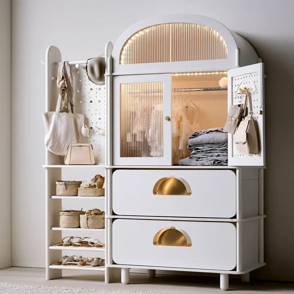 Aparador con puertas arqueadas y cajones inferiores - blanco/beige