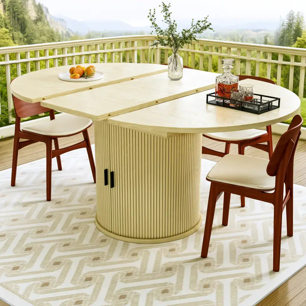Mesa de comedor con tablero redondeado y pie central - amarillo