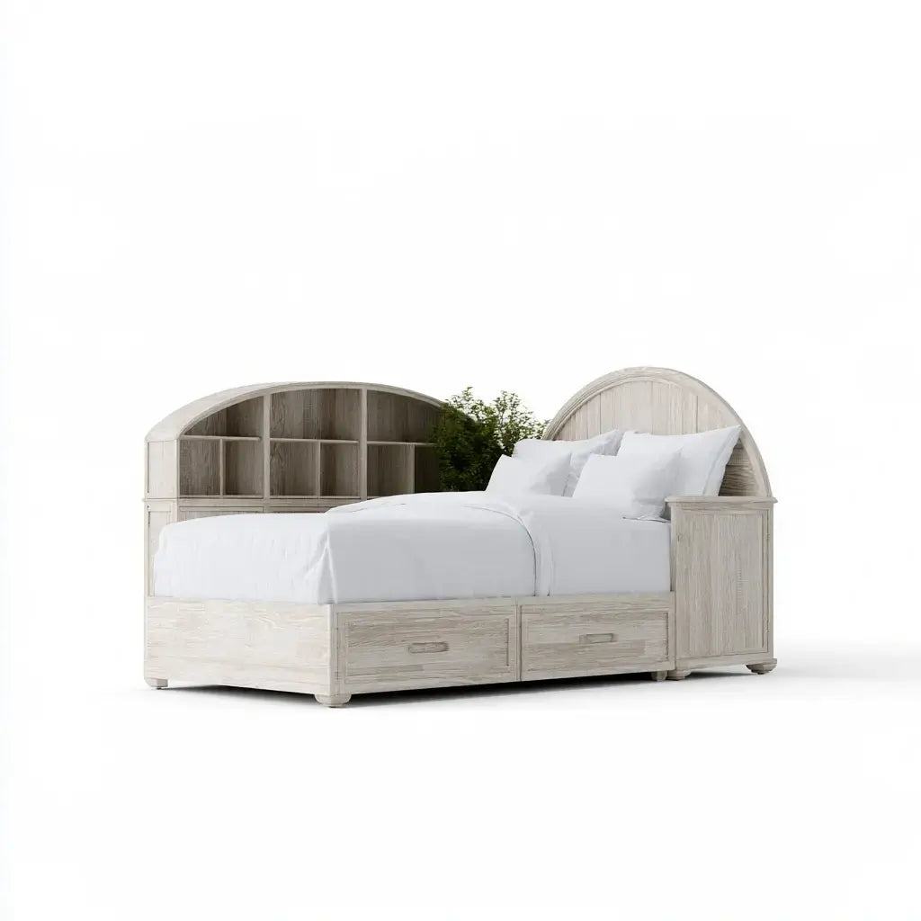 Cama con cabecero ondulado y cajones bajos - blanco/beige