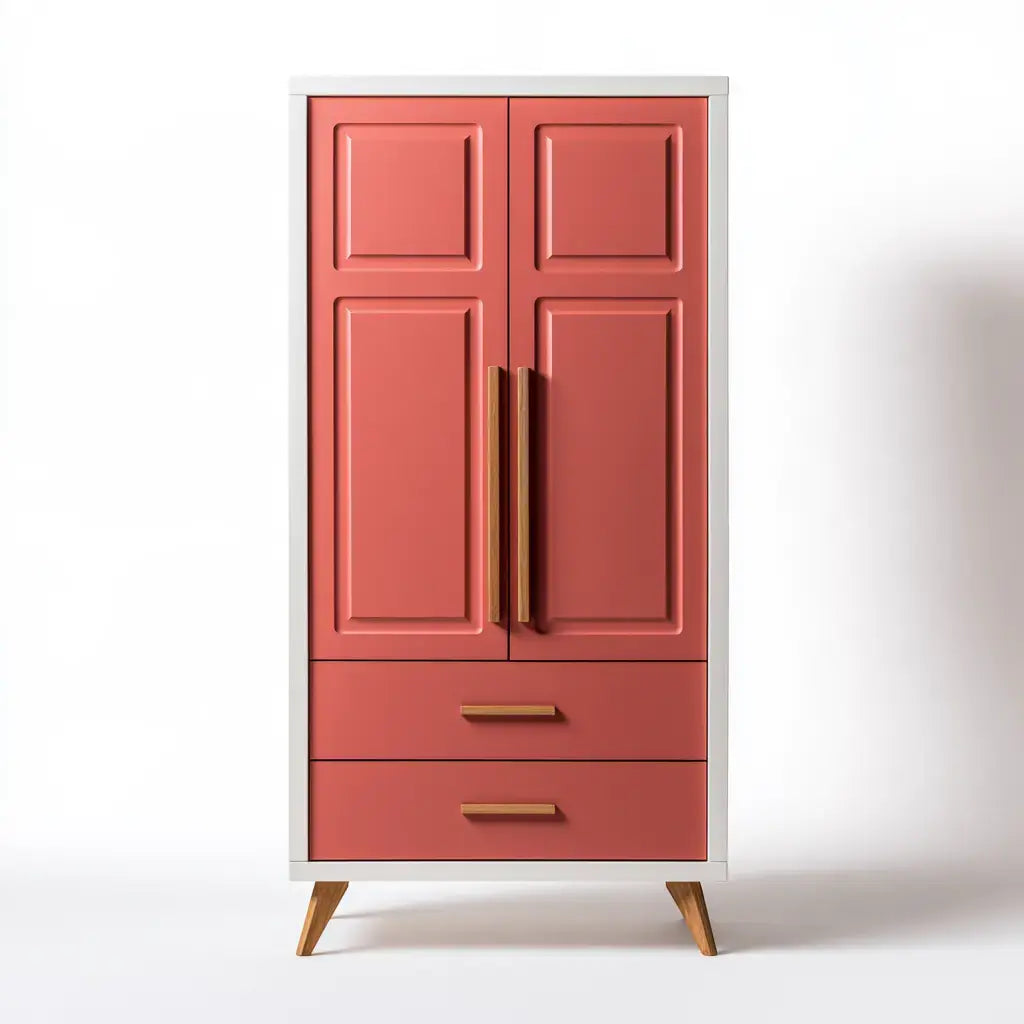 Armario con dos puertas molduradas y cajones - rojo