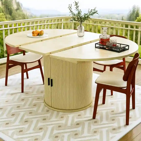 Mesa de comedor con tablero redondeado y pie central - amarillo