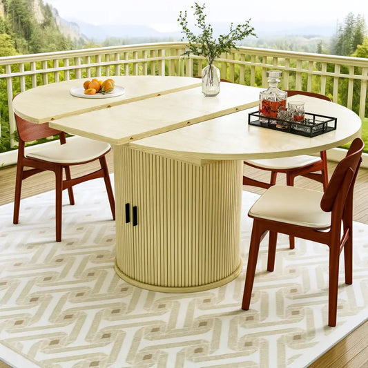 Mesa de comedor con tablero redondeado y pie central - amarillo