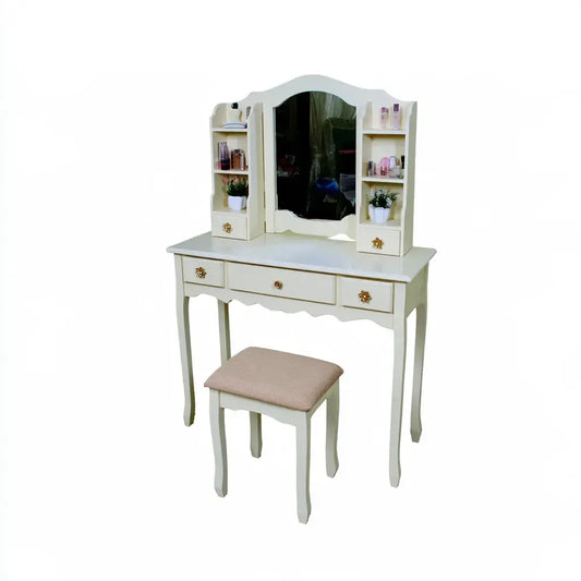 Tocador con espejo triple y taburete - beige